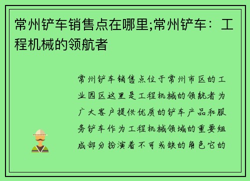 常州铲车销售点在哪里;常州铲车：工程机械的领航者
